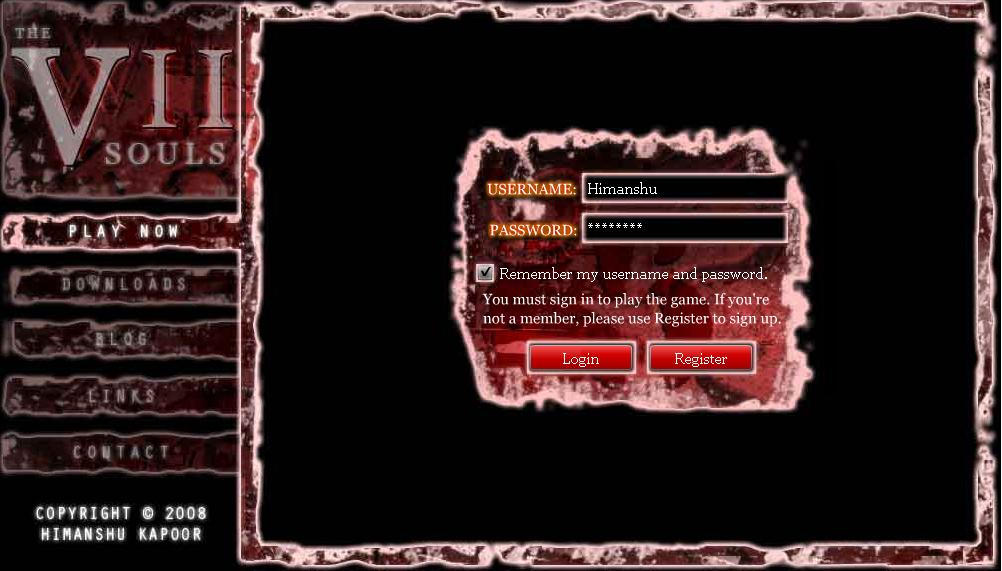 The Seven Souls interface mockup, with a login screen