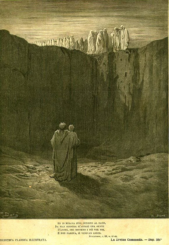Souls moving slowly along the cliffs of Purgatory, from Gustave Doré's engravings for Dante's Divine Comedy
